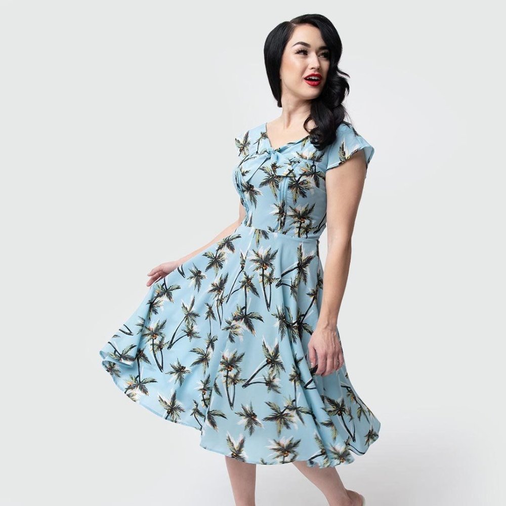 1940s Style Light Blue Palm Tree Print Havilland